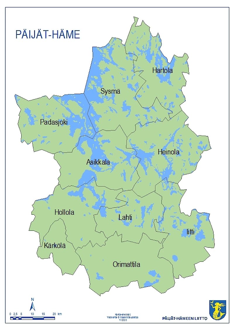 Vuoden 2025 alusta LADEC Oy toimii koko Päijät-Hämeen alueella. (Kartta: Päijät-Hämeen liitto.)
