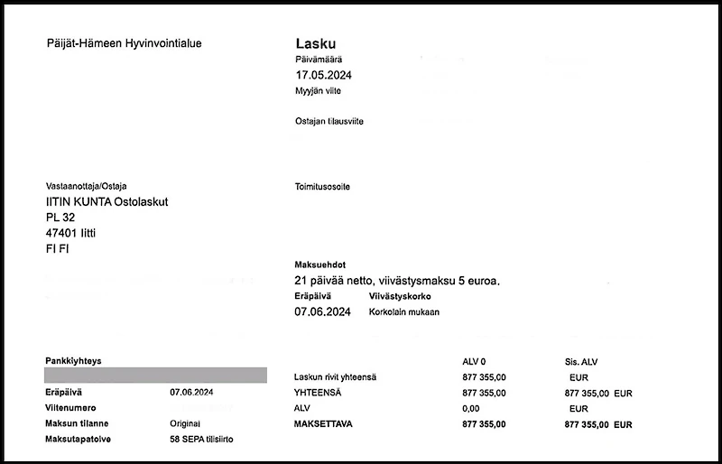 Päijät-Hämeen hyvinvointialue on lähettänyt Iitin kunnalle laskun, jonka summa on 877 355 euroa. Eräpäivä on ensi viikolla.