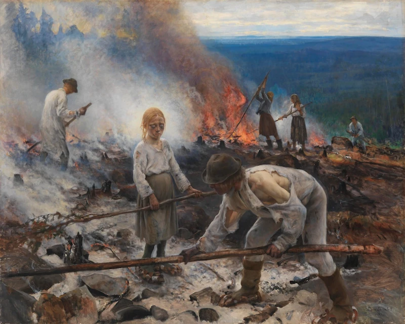 Eero Järnefeltin tunnetuin maalaus on kaskenpolttoa kuvaava "Raatajat rahanalaiset" (1893), joka tunnetaan myös nimellä "Kaski". Maalauksen tytön mallina oli 14-vuotias piika Johanna Kokkonen. (Kuva: Kansallisgalleria / Yehia Eweis.)