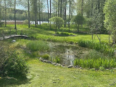 Pihalla on puutarhaa ja mm. lampi.