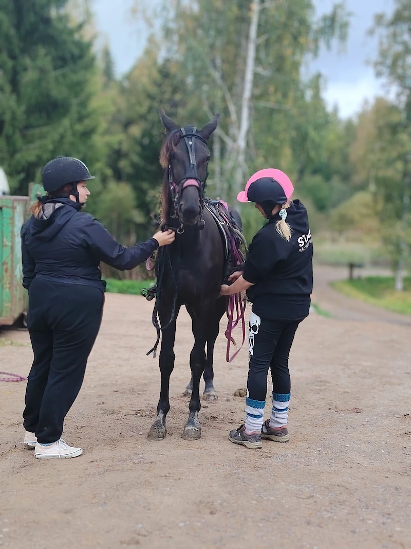 Yksivuotiasta Ballerinacapuccinaa valjastavat Oona Altio (kuvassa vasemmalla) ja omistaja Jenny Stenbacka. (Kuva: Rami Ojapalo)