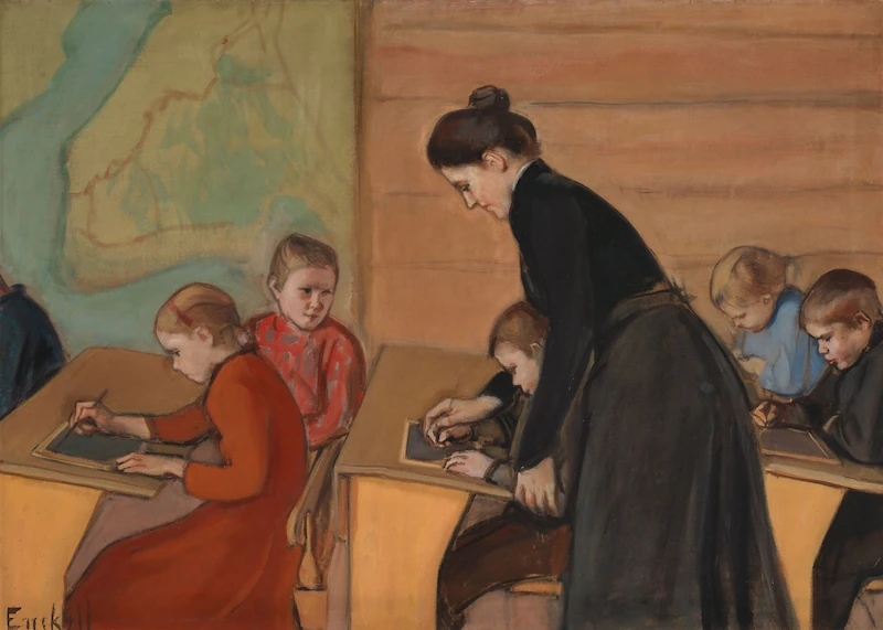 Magnus Enckellin kansakoulua kuvaava maalaus vuodelta 1899. (Kuva: Kansallisgalleria.)